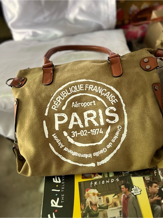 Republique France Handbags - Paris Canvas Tote Bag with Brown Faux-Leather Handles